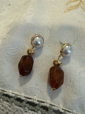 Gold Pearl Amber Drop Earrings with Brown Gemstone